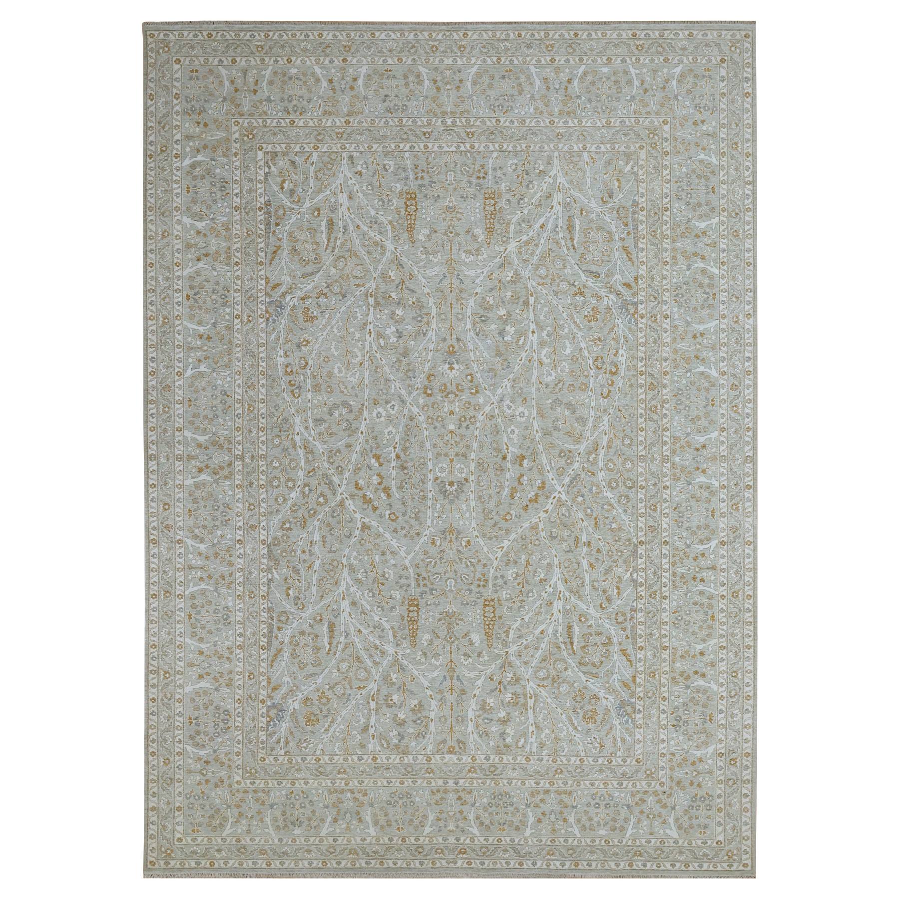 Stone Gray, Meditation Tree of Life Design, Tone on Tone, Zero Pile, 100% Wool, Densely Woven, Hand Knotted, 200 KPSI, Oriental Rug